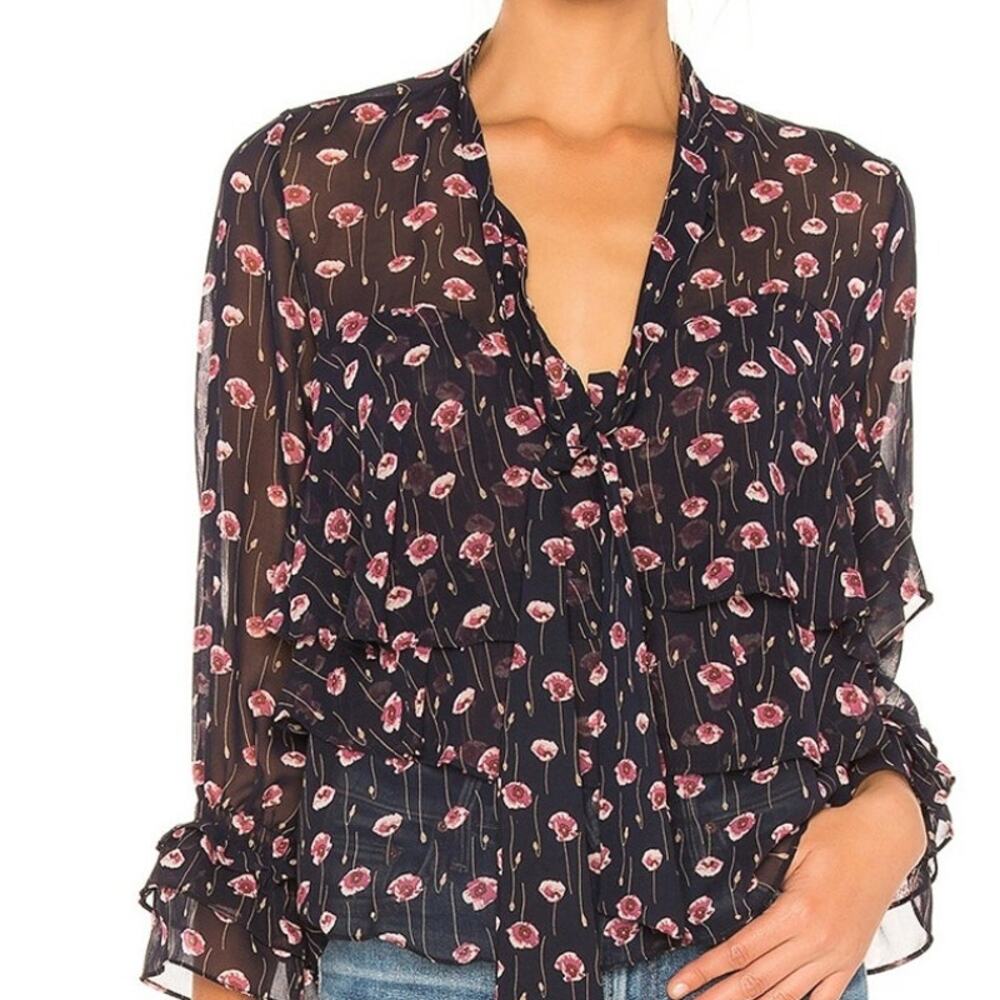 MISA Los Angeles Jema Top Womens Small Navy Poppy Floral Ruffled Boho Blouse